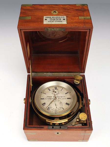 John Bliss & Co. marine chronometer in a mahogany box, estimated at $2,000-$4,000 