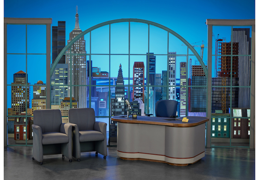 David Letterman’s home base interview with desk and dimensional skyline buildings, estimated at $100,000-$200,000. Image courtesy of Heritage Auctions, ha.com