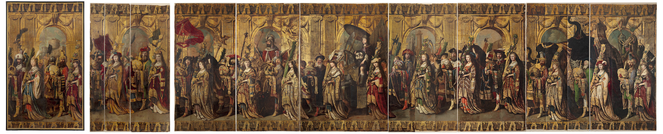 Dutch School, follower of Rembrandt, ‘The Triumph of David,’ set of painted and embossed leather panels laid down on canvas, estimated in the region of $1.5 million. Image courtesy of Christie’s Images Ltd. 2023