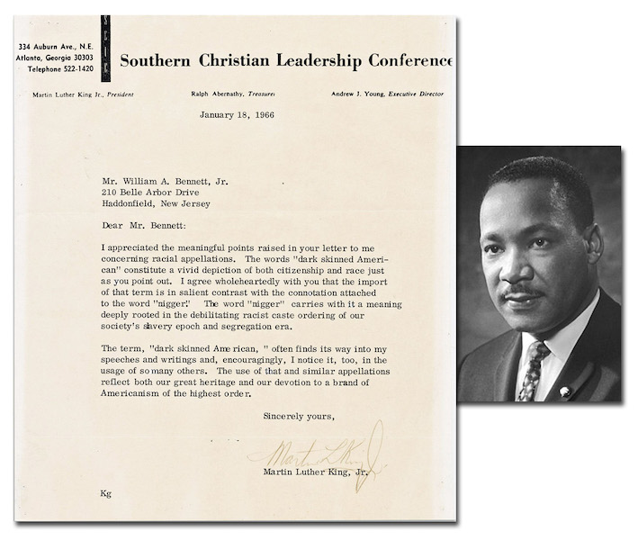 Martin Luther King, Jr.-signed typed 1966 letter on Southern Christian Leadership Conference stationery, concerning the use of the ‘N’ word, estimated at $18,000-$20,000