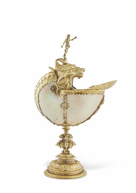 Dutch silver-gilt mounted nautilus cup, estimated in the region of $125,000. Image courtesy of Christie’s Images Ltd. 2023