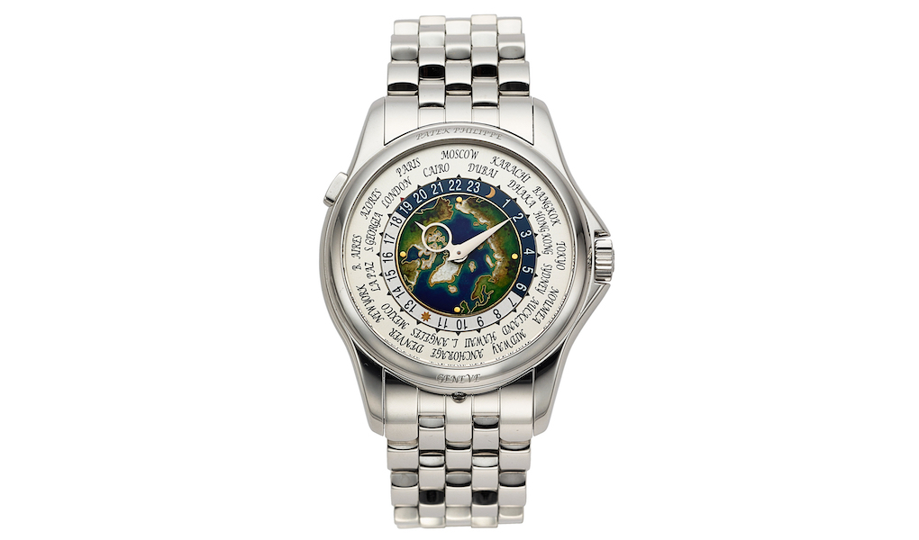 Circa-2017 Patek Philippe World Time wristwatch with cloisonne enamel dial, estimated at $60,000-$1 million. Image courtesy of Heritage Auctions, ha.com