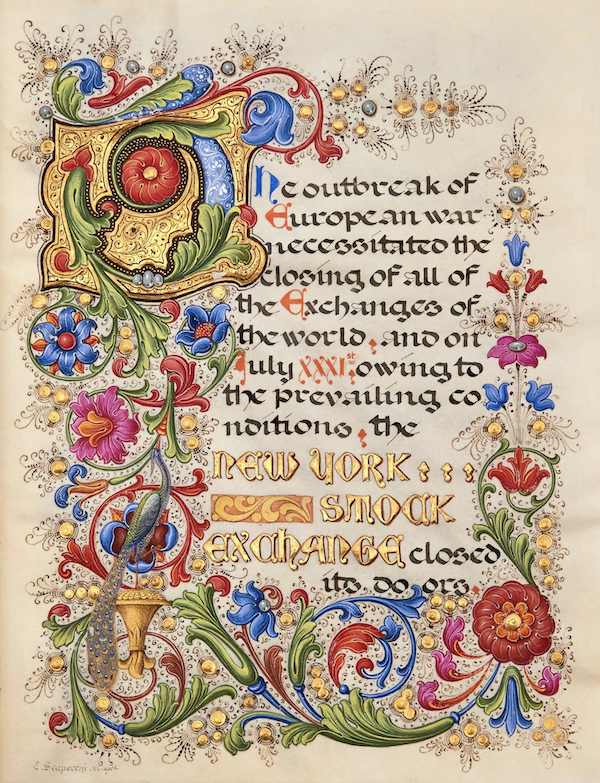 Illuminated manuscripts presented to Henry G.S. Noble, president of the New York Stock Exchange circa December 1914, after the outbreak of World War I, which caused the longest shutdown of the exchange to date, estimated at $6,000-$8,000. Image courtesy of Doyle and LiveAuctioneers