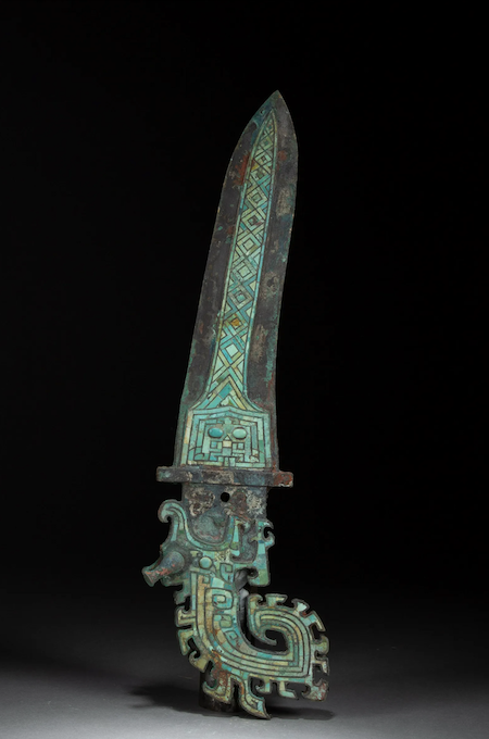 Shang dynasty bronze, turquoise-inlaid dagger-axe, estimated at $10,000-$15,000