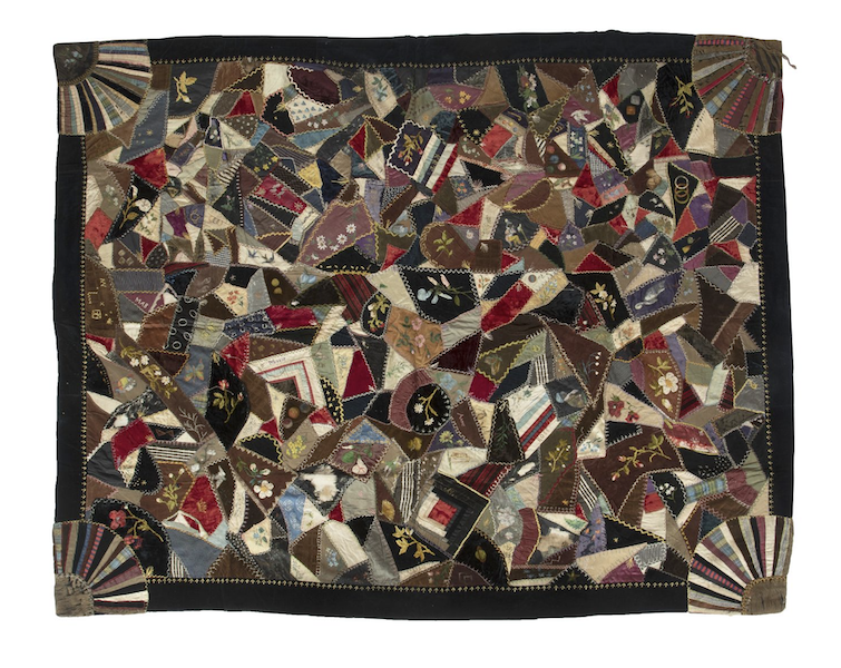 Circa-1890 hand-sewn crazy quilt in silk and velvet, made in Quebec, estimated at CA$500-$700