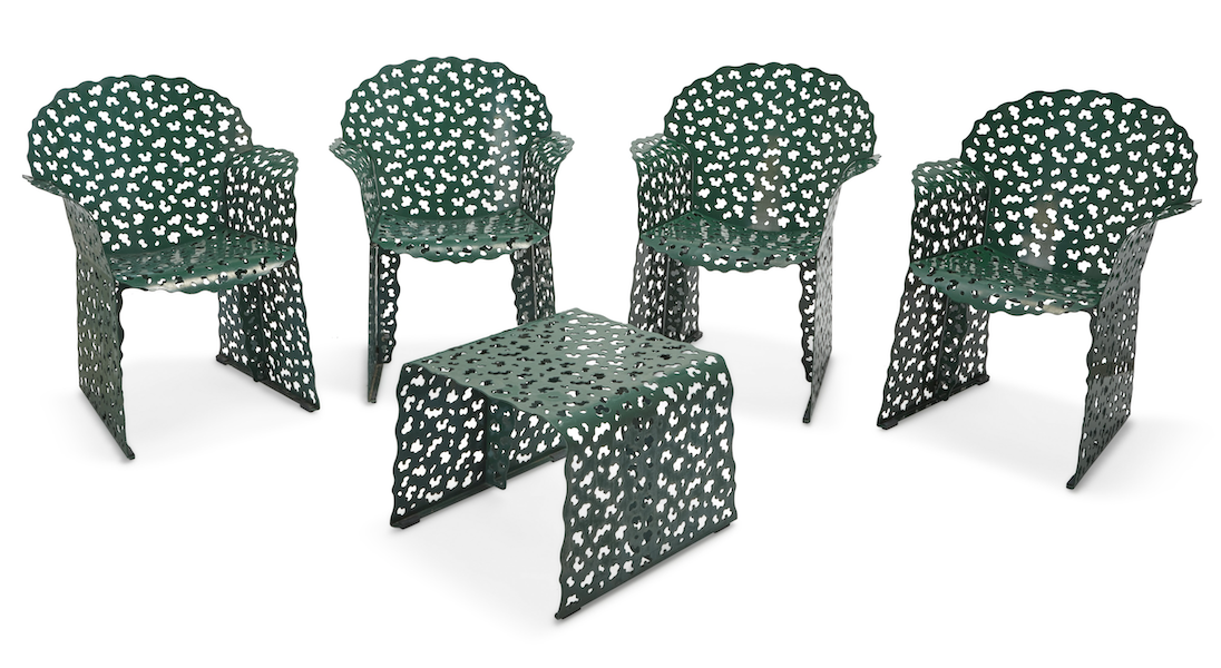 Richard Schultz for Knoll, four Topiary lounge chairs with ottoman, $6,500. Image courtesy of John Moran Auctioneers