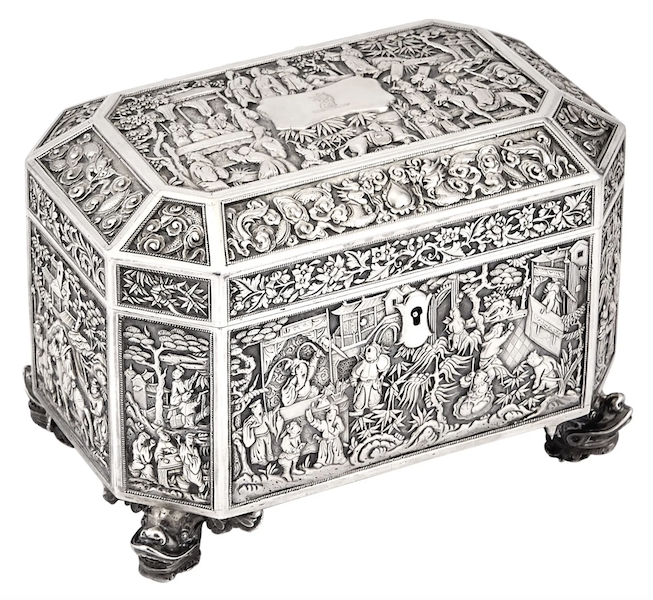 Chinese Export silver tea caddy, $18,900. Image courtesy of Doyle and LiveAuctioneers