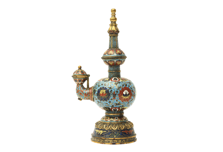 Ming dynasty cloisonne ritual water vessel, or kundika, estimated at roughly $37,800-$50,400. Image courtesy of Chiswick Auctions