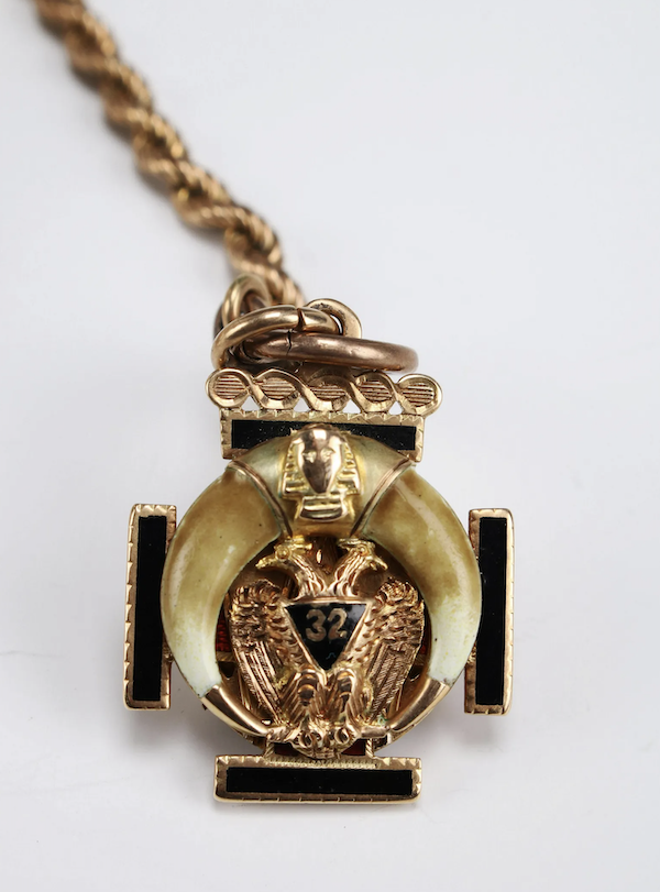 Detail of Willis R. Michael’s own personal presentation 14K Dudley Masonic 19-jewel pocket watch, which he also helped design during his time as a Freemason, estimated at $4,000-$6,000