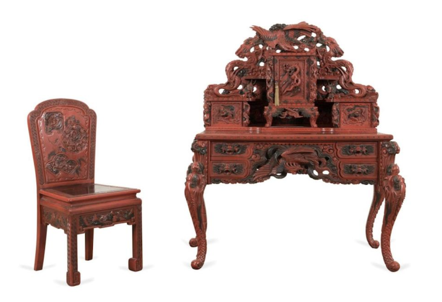 Japanese-style red and black lacquer desk with chair, $5,445