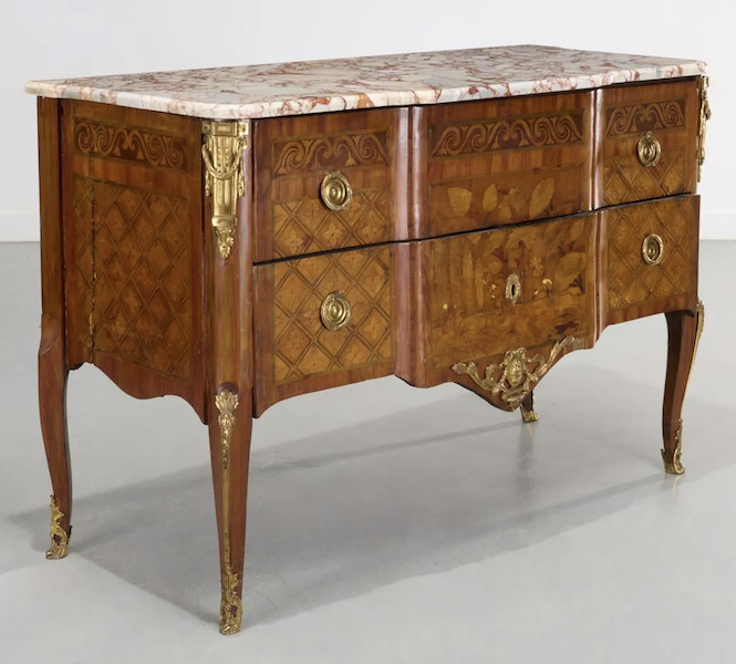 Circa-1765 Louis XV or XVI commode, signed by Simon Guillaume, sold to benefit the Rosenbach Museum, estimated at $4,000-$6,000. Image courtesy of Millea Bros and LiveAuctioneers