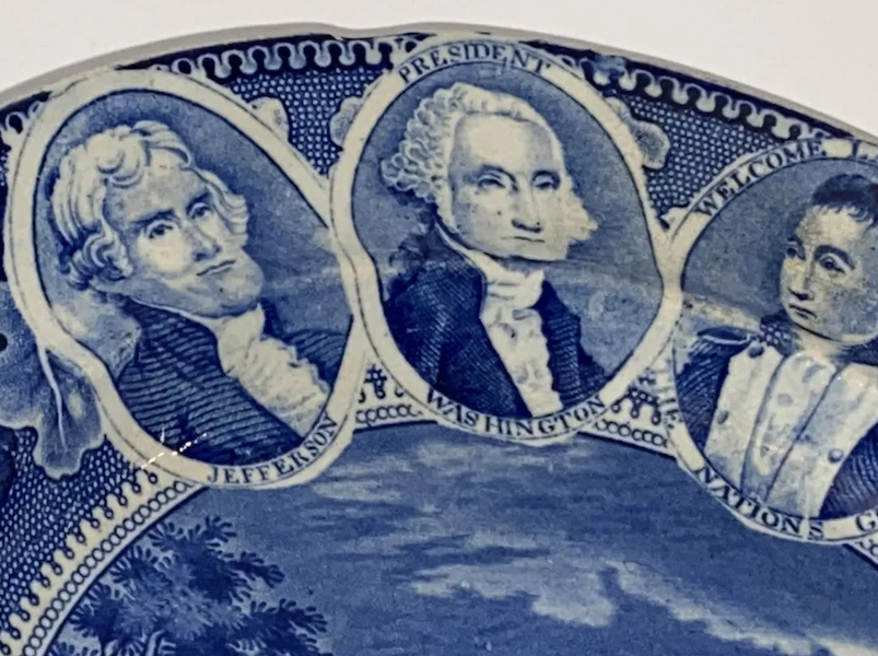Detail of circa-1825 Staffordshire blue plate with four portrait medallions of Thomas Jefferson, George Washington, the Marquis de Lafayette and New York Governor George Clinton (not pictured), estimated at $3,000-$3,500