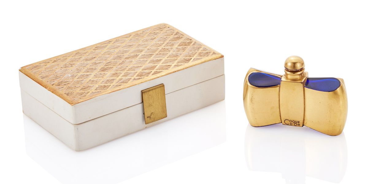 1937 Guerlain Coque d'Or perfume bottle and box by Jean-Michel Frank and Baccarat, estimated at $3,000-$5,000
