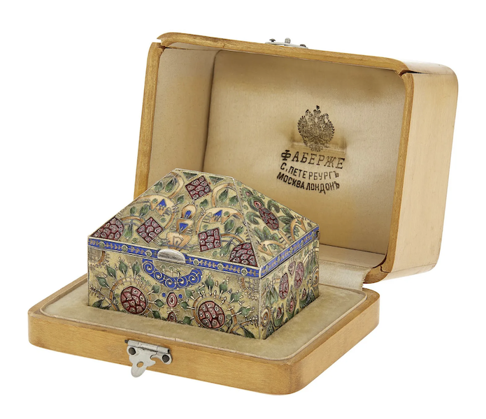 Faberge silver-gilt and cloisonne enamel covered box in its original fitted case, estimated at $10,000-$15,000