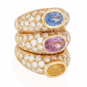 Multicolored sapphire and diamond triple bombe style ring in 18k gold, estimated at $4,000-$6,000