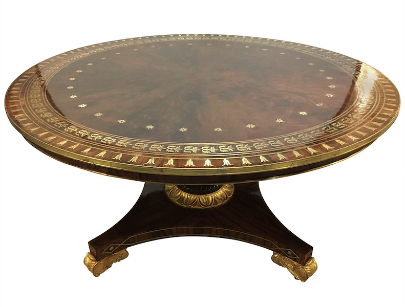 Circa-1920s Neoclassical boule inlaid center tilt table, estimated at $110,000-$132,000