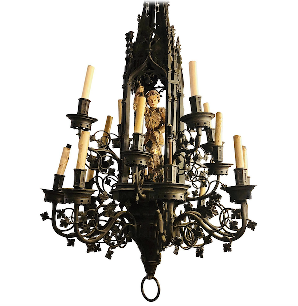 Circa-1880s wrought-iron chandelier with a gilt carved wooden figure of a man, estimated at $18,000-$22,000 