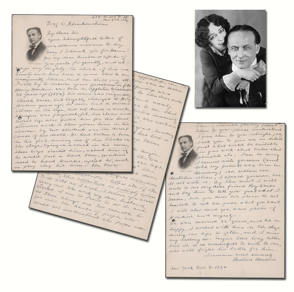 Three-page signed autograph letter on mourning stationery from Beatrice Houdini, dated Nov. 9, 1926, discussing the recent death of her magician husband, Harry Houdini, estimated at $5,000-$10,000