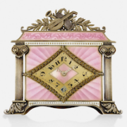 Pink guilloche enamel and sterling silver-gilt desk clock, estimated at $2,500-$3,500