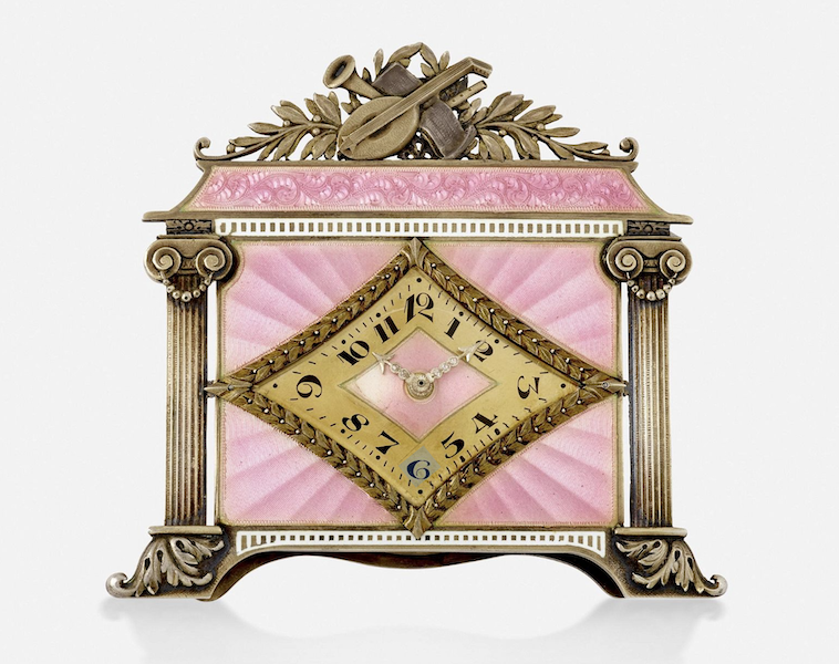 Pink guilloche enamel and sterling silver-gilt desk clock, estimated at $2,500-$3,500 