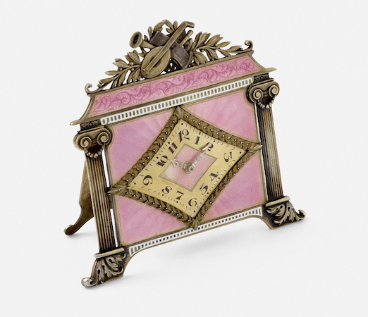 Another angle on the pink guilloche enamel and sterling silver-gilt desk clock, estimated at $2,500-$3,500