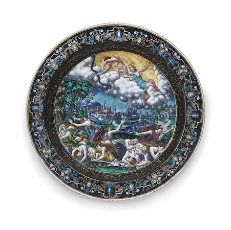 Circular Limoges enamel charger depicting the punishment of Niobe by Diana and Apollo, estimated in the region of $200,000. Image courtesy of Christie’s Images Ltd. 2023