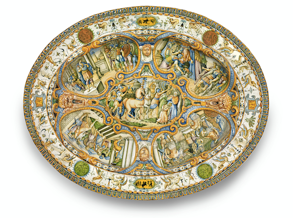 Urbino or Turin armorial istoriato oval dish, estimated in the region of $50,000. Image courtesy of Christie’s Images Ltd. 2023