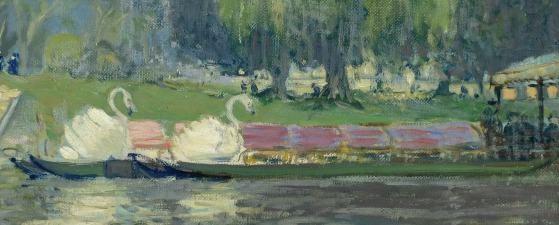 Detail of Arthur Clifton Goodwin’s ‘Swan Boats, Boston Public Garden,’ estimated at $4,000-$6,000. Image courtesy of Doyle and LiveAuctioneers