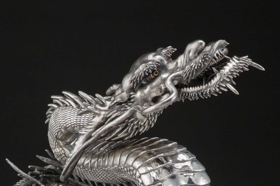 Detail of massive Japanese dragon-form incense burner featuring almost 45 pounds of nearly pure silver, $250,000. Image courtesy of Heritage Auctions, ha.com