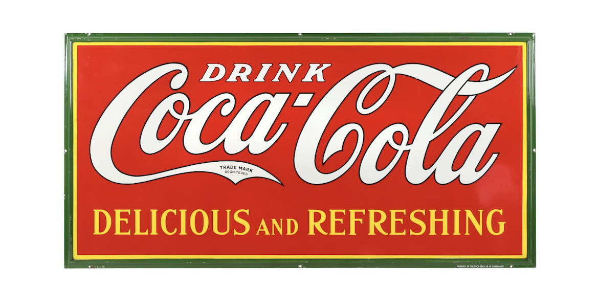 Monumental Canadian 1935 single-sided porcelain Coca-Cola building sign, estimated at CA$12,000-$15,000