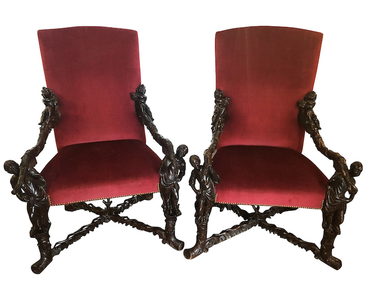Pair of circa-1880s Italian Baroque throne chairs with figural carvings, estimated at $35,000-$42,000 