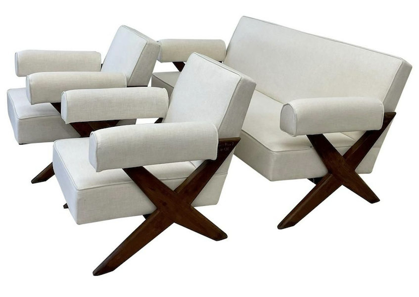 Mid-century Modern X-leg sofa set attributed to Pierre Jeanneret, estimated at $77,000-$92,000