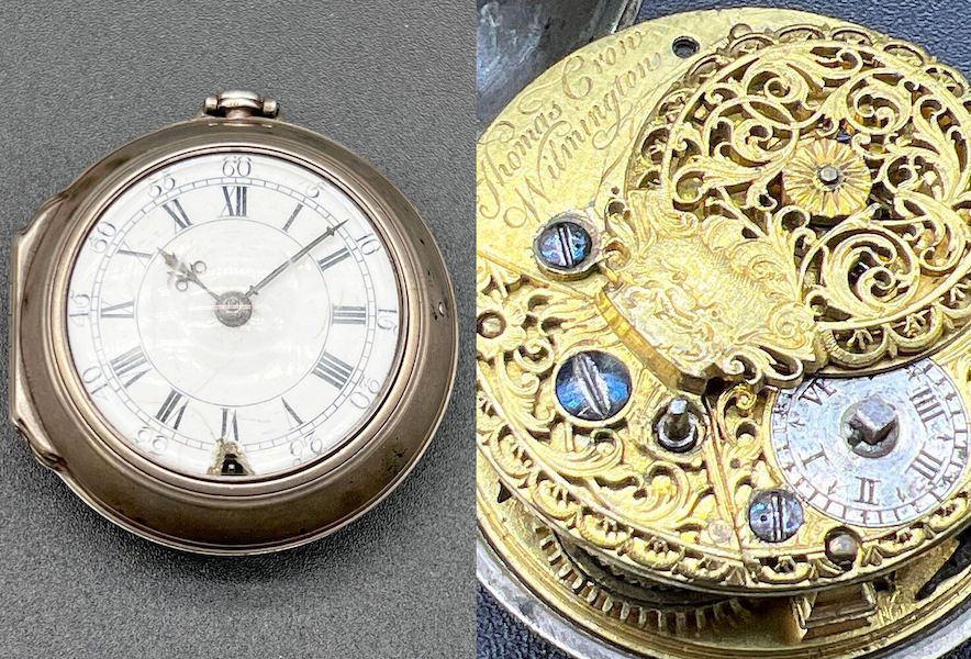 18th-century Thomas Crow-signed pocket watch with fusee movement and enameled dial, $5,500
