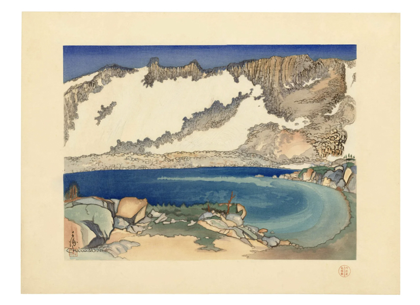 A first edition woodblock print of Chiura Obata’s ‘Lake Basin in High Sierra’ achieved $25,000 plus the buyer’s premium in September 2021. Image courtesy of Ukiyoe Gallery Japanese Woodblock Prints and LiveAuctioneers.