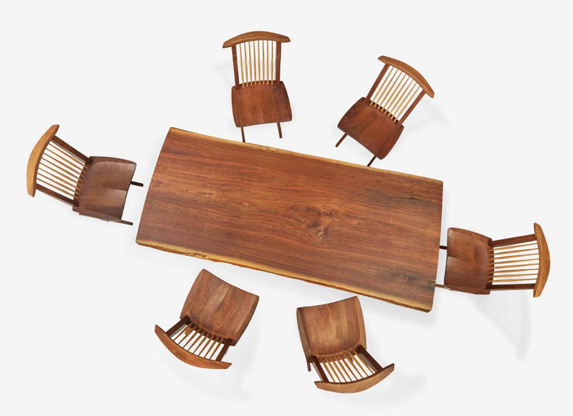 A Mira Nakashima single-board Conoid dining table and six single-board Conoid dining chairs achieved $30,000 plus the buyer’s premium in April 2023. Image courtesy of Freeman’s and LiveAuctioneers.