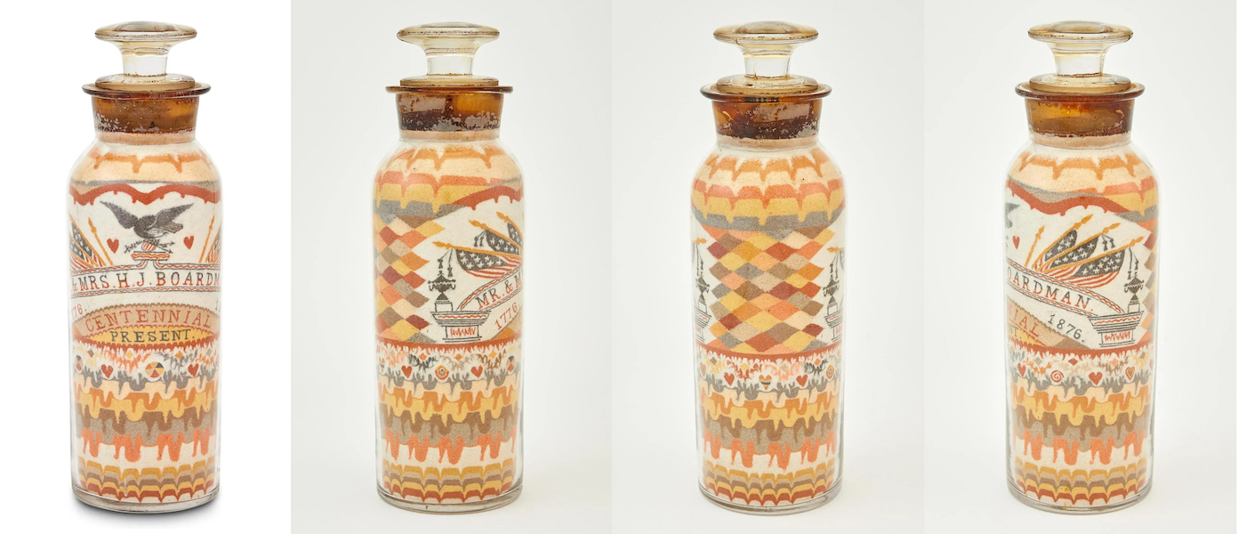 Multiple views of Andrew Clemens sand art bottle with Centennial imagery, $113,400. Images courtesy of Doyle and LiveAuctioneers