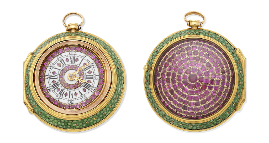 Circa-1760 Joseph Martineau gold and ruby-set key wind triple case pocket watch (front and back shown), £48,180. Image courtesy of Bonhams