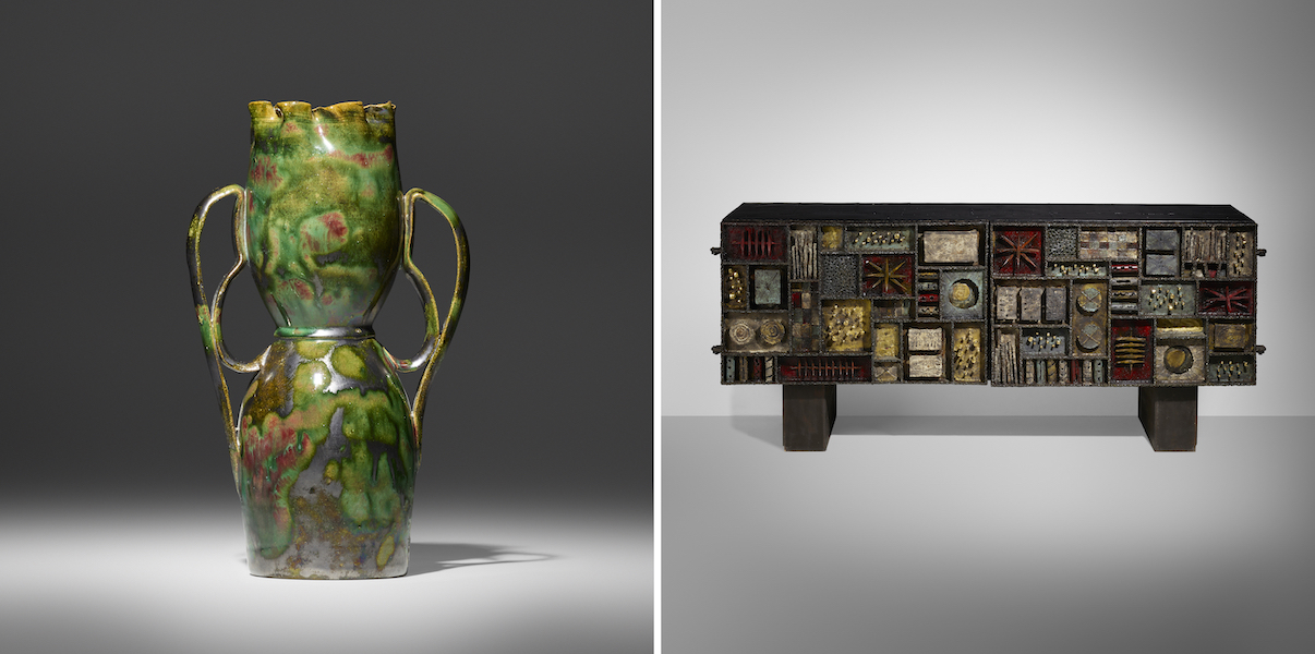 Left, exceptional vase by George Ohr with mottled glaze in gunmetal over green, carmine and ochre, estimated at $35,000-$40,000; Right, Paul Evans sculpture front cabinet, estimated at $75,000-$95,000. Images courtesy of Rago Arts and Auction Center
