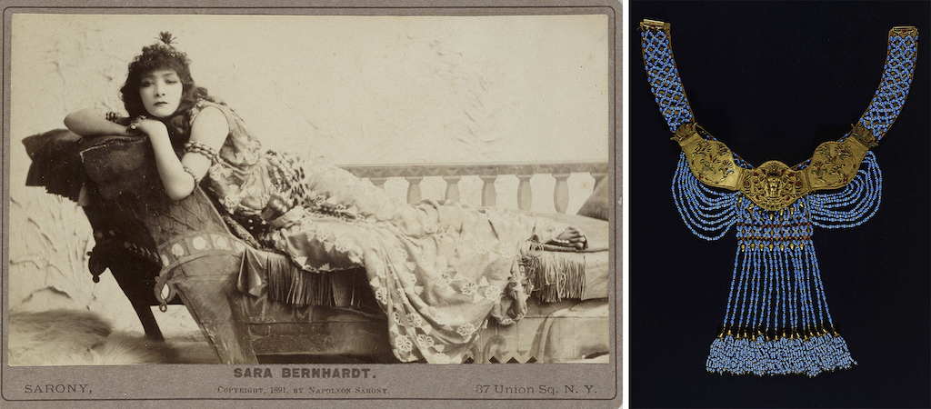 Left, Napoleon Sarony, ‘Sarah Bernhardt in ‘Cleopatre,’ 1891. Proof on albumen paper. 9.2 by 15.8cm. Mounting: 10.9 by 16.6cm. Musee d'Orsay. Paris, France. Photo © RMN-Grand Palais (Orsay Museum) / Herve Lewandowski, Photo credit Paris Musees / Petit Palais / Gautier Deblonde; Right, Anonymous, Pectoral necklace for Cleopatra, 1890. Costume and accessory, 60 by 43cm. National Library of France, Performing Arts Department. © BnF. Photo credit Paris Musees / Petit Palais / Gautier Deblonde