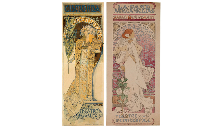 Left, Alphonse Mucha, ‘Gismonda’ poster, 1894. Color lithograph210 by 72cm. National Library of France, Performing Arts Department © BnF, Photo credit Paris Musees / Petit Palais / Gautier Deblonde; Right, Alphonse Mucha, ‘The Lady of the Camellias, Renaissance Theatre’ poster, 1896. Color lithograph, 32.8 by 14.1cm. © Paris Museums / Carnavalet Museum - History of Paris. Photo credit Paris Musees / Petit Palais / Gautier Deblonde. 