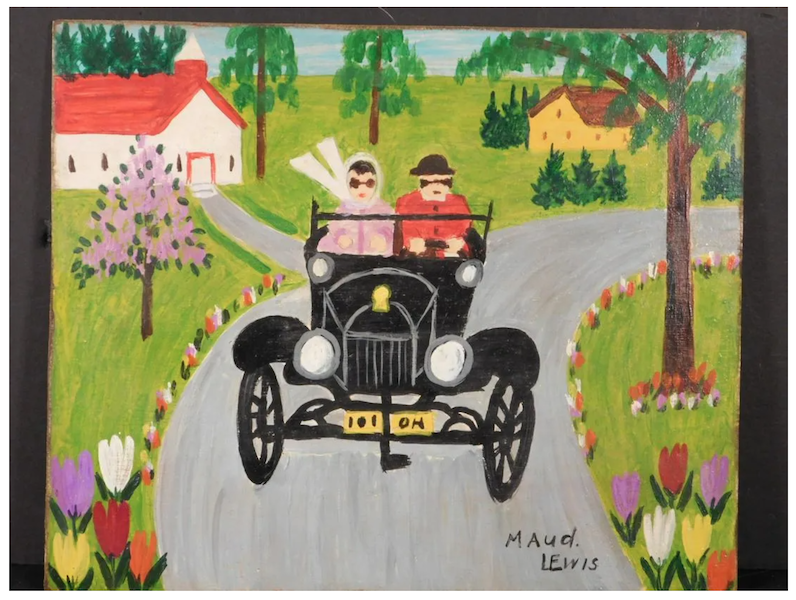 This Maud Lewis painting depicting a couple out for a leisurely ride in a Model T went for $5,000 plus the buyer’s premium in August 2019. Image courtesy of Woodshed Art Auctions and LiveAuctioneers.