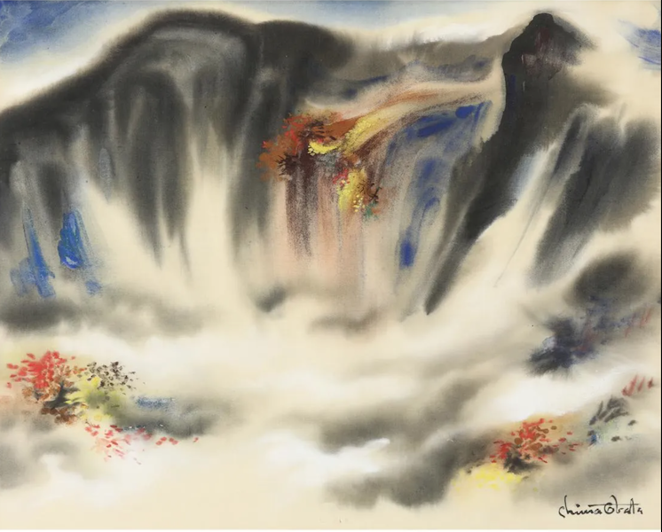 A watercolor by Chiura Obata, ‘Mountain Mist,’ likely depicts a favorite painting spot in the once-popular Gilroy mineral springs resort. It earned $16,000 plus the buyer’s premium in April 2022. Image courtesy of Clars Auction Gallery and LiveAuctioneers.