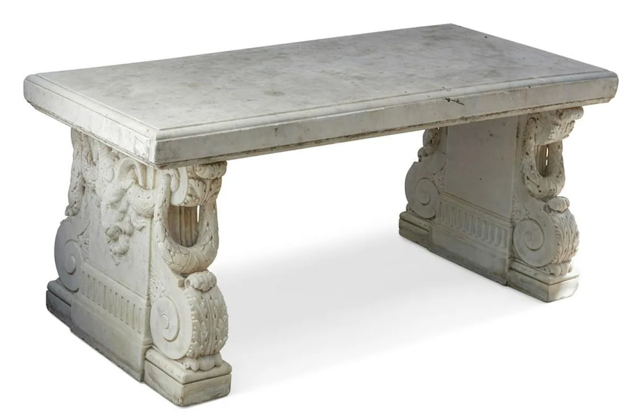An Italian Neoclassical-style white marble garden bench sold for $9,500 plus the buyer’s premium in July 2022. Image courtesy of Andrew Jones Auctions and LiveAuctioneers.