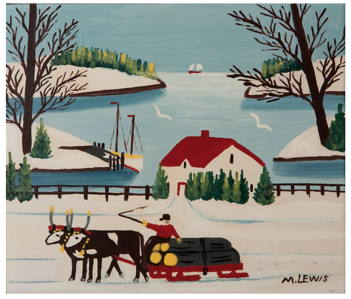 A 1966 Maud Lewis painting of oxen in winter pulling logs made $CA42,000 (or $30,889) plus the buyer’s premium in June 2022. Image courtesy of A.H. Wilkens Auctions & Appraisals and LiveAuctioneers.