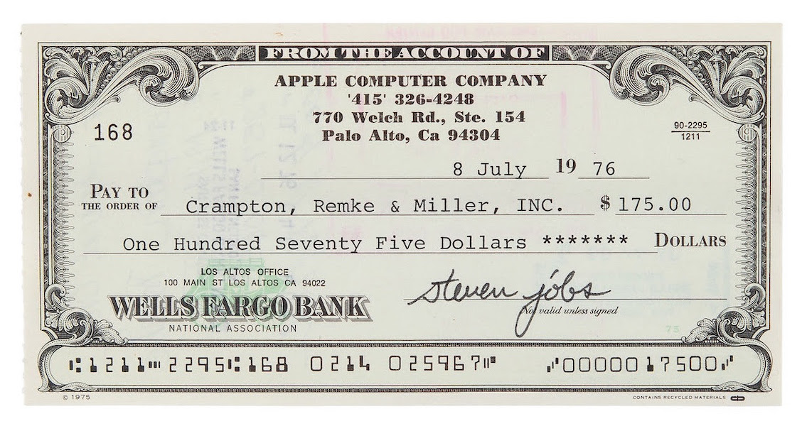 An Apple Computer Company check for $175, signed by Steve Jobs in July 1976, could sell for more than $25,000 at RR auction on May 10. Image courtesy of RR Auction