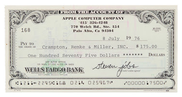 An Apple Computer Company check for $175, signed by Steve Jobs in July 1976, could sell for more than $25,000 at RR auction on May 10. Image courtesy of RR Auction
