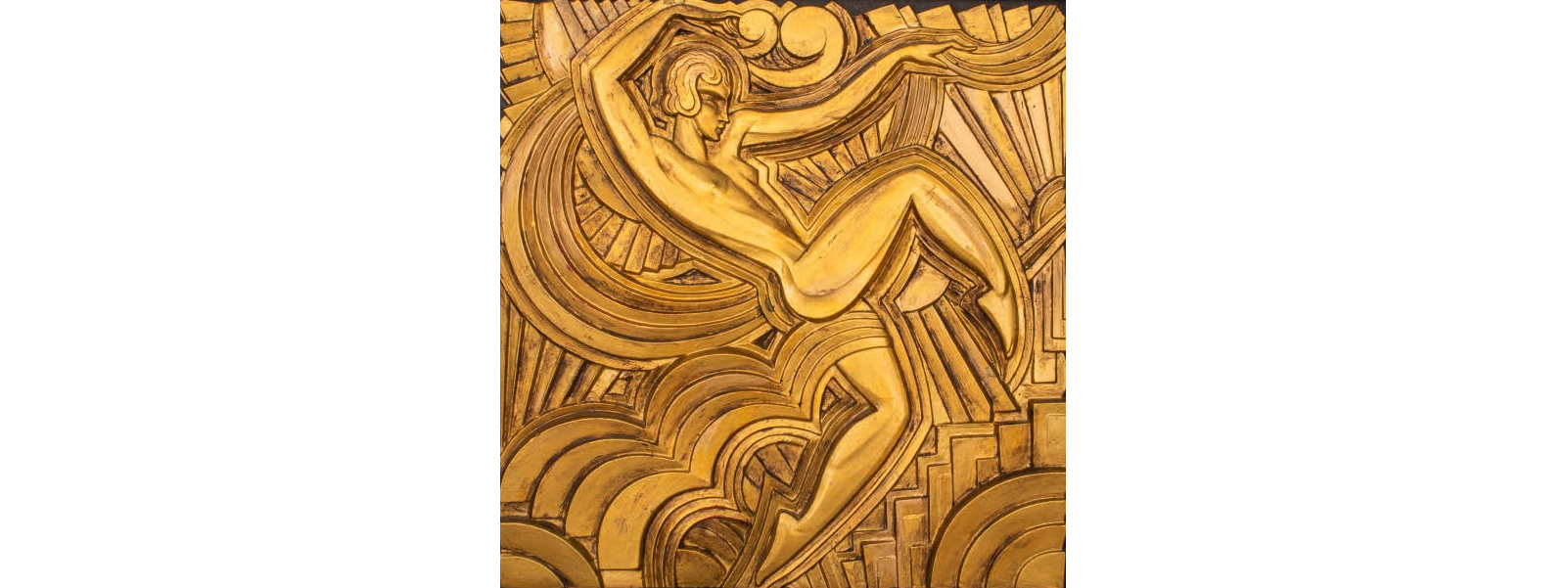 Art Deco gilt and gessoed wood plaque by Maurice Picaud for the Folies Bergere cabaret in Paris, depicting dancer Nino Nikolska, estimated at $1,500-$2,500