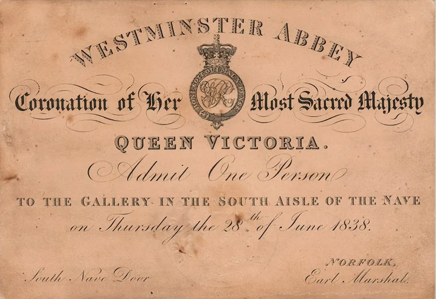 Conservatively estimated at $200-$400, a Queen Victoria coronation pass, admitting the holder to a gallery seat in the nave, brought $4,315 including the buyer’s premium in April 2022. Image courtesy of RR Auction and LiveAuctioneers.