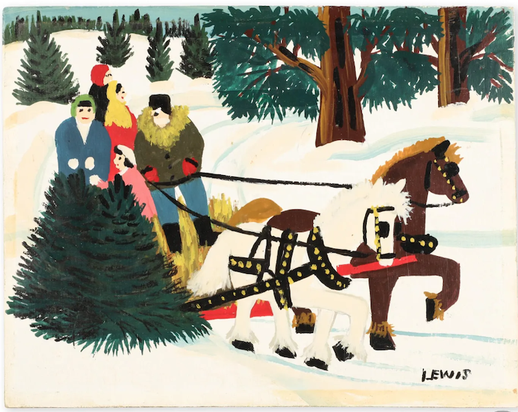 A 1955 Maud Lewis mixed media painting depicting a winter sleigh ride earned CA$80,000 (or $62,514) plus the buyer’s premium in October 2022. Image courtesy of Miller & Miller Auctions Ltd and LiveAuctioneers.