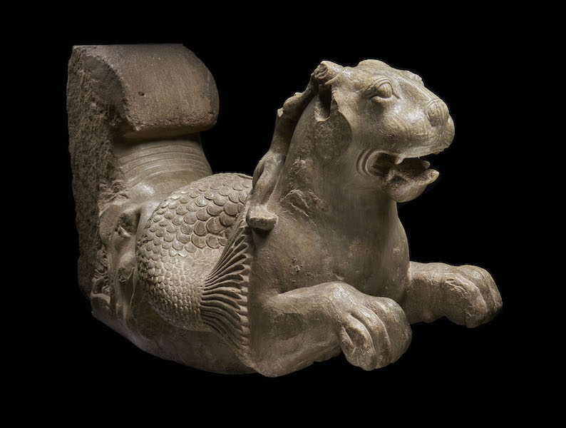 Gateway architrave with makara, lion, and rider, Kesanapalli, Guntur district, Andhra Pradesh Ikṣvaku, 3rd century A.D. Limestone, 223/4 by 39 by 151/2in. (57.8 by 99.1 by 39.4cm). Collection: Baudhasri Archaeological Museum, Guntur, Andhra Pradesh 